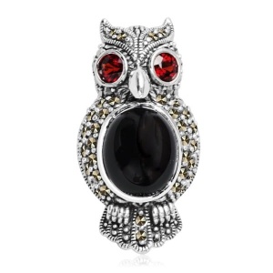Broszka Sowa - Srebrna z onyksem i markazytami -  Gufo Mystique 