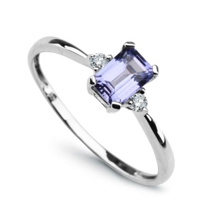 Pierścionek z Tanzanitem i Diamentami - Białe Złoto próby 585 